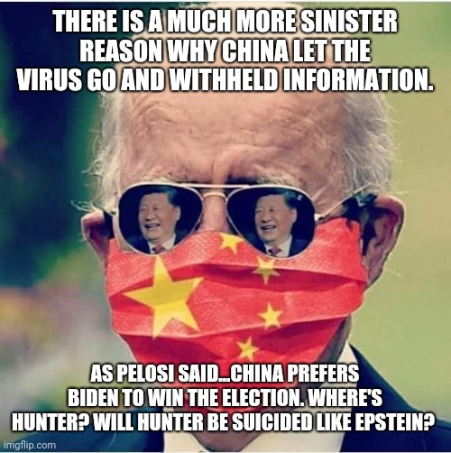 joe biden | THERE IS A MUCH MORE SINISTER REASON WHY CHINA LET THE VIRUS GO AND WITHHELD INFORMATION. AS PELOSI SAID...CHINA PREFERS BIDEN TO WIN THE ELECTION. WHERE'S HUNTER? WILL HUNTER BE SUICIDED LIKE EPSTEIN? | image tagged in china virus | made w/ Imgflip meme maker