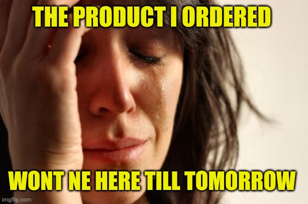 First World Problems | THE PRODUCT I ORDERED; WONT NE HERE TILL TOMORROW | image tagged in memes,first world problems | made w/ Imgflip meme maker