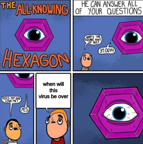 All knowing hexagon (ORIGINAL) | when will this virus be over | image tagged in all knowing hexagon original | made w/ Imgflip meme maker
