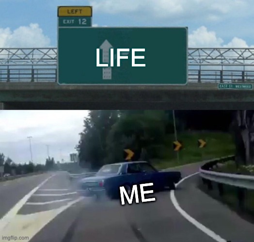 Left Exit 12 Off Ramp | LIFE; ME | image tagged in memes,left exit 12 off ramp | made w/ Imgflip meme maker