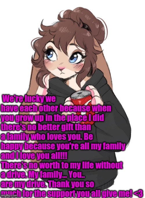 We're winning! | We're lucky we have each other because when you grow up in the place I did there's no better gift than a family who loves you. Be happy because you're all my family and I love you all!!! There's no worth to my life without a drive. My family... You.. are my drive. Thank you so much for the support you all give me! <3 | made w/ Imgflip meme maker