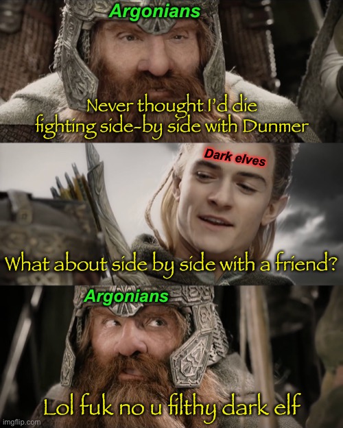 We all know there’s gonna be bad blood between these two when The Empire goes to war with The Aldmeri Dominion again | Argonians; Never thought I’d die fighting side-by side with Dunmer; Dark elves; What about side by side with a friend? Argonians; Lol fuk no u filthy dark elf | image tagged in aye i could do that blank,the elder scrolls | made w/ Imgflip meme maker