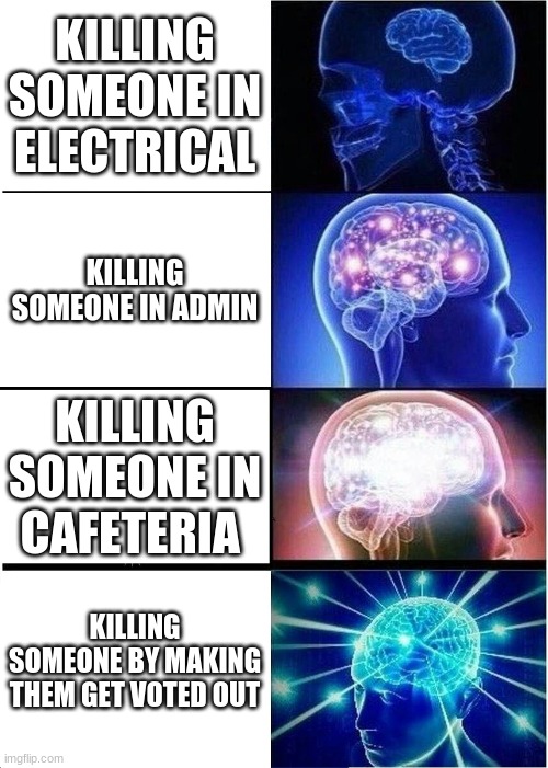 Brain size  MEGA | KILLING SOMEONE IN ELECTRICAL; KILLING SOMEONE IN ADMIN; KILLING SOMEONE IN CAFETERIA; KILLING SOMEONE BY MAKING THEM GET VOTED OUT | image tagged in memes,expanding brain | made w/ Imgflip meme maker