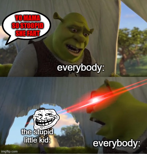 This is what yo mama jokes have done to little kids. | YO MAMA SO STOOPID SHE FART; everybody:; the stupid little kid:; everybody: | image tagged in shrek for five minutes | made w/ Imgflip meme maker
