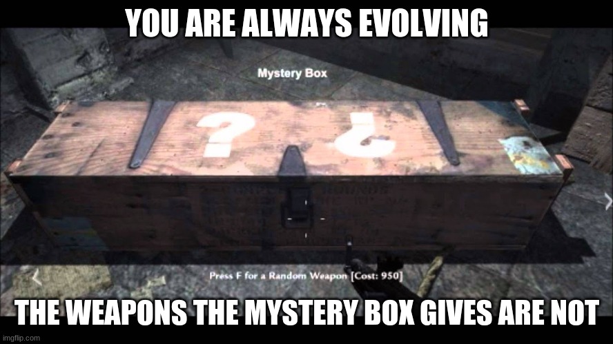 YOU ARE ALWAYS EVOLVING; THE WEAPONS THE MYSTERY BOX GIVES ARE NOT | image tagged in call of duty | made w/ Imgflip meme maker