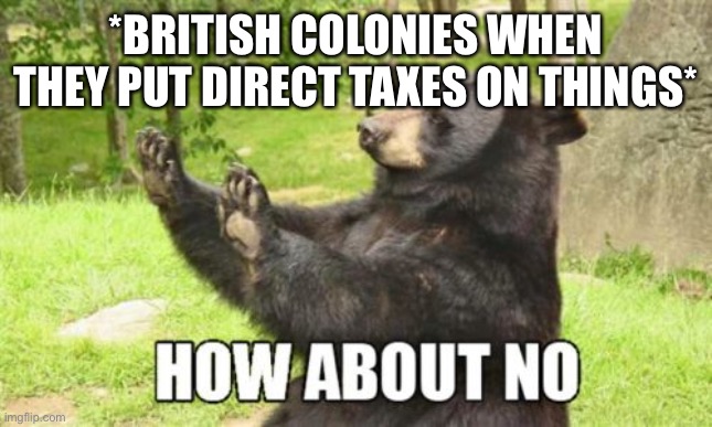 How About No Bear | *BRITISH COLONIES WHEN THEY PUT DIRECT TAXES ON THINGS* | image tagged in memes,how about no bear | made w/ Imgflip meme maker