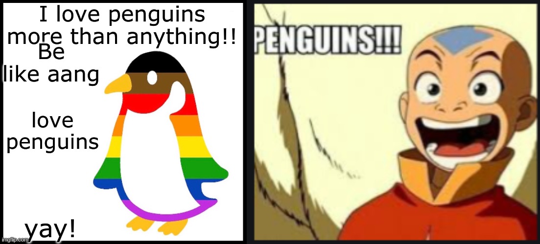I love penguins more than anything!! Be like aang; love penguins; yay! | image tagged in aang penguins,be like gay penguin | made w/ Imgflip meme maker