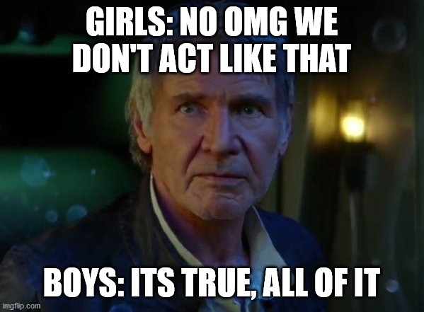 It's true, all of it!  | GIRLS: NO OMG WE DON'T ACT LIKE THAT BOYS: ITS TRUE, ALL OF IT | image tagged in it's true all of it | made w/ Imgflip meme maker