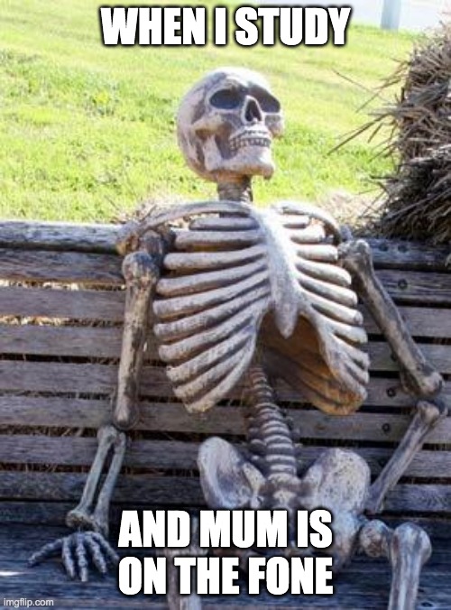 Waiting Skeleton Meme | WHEN I STUDY; AND MUM IS ON THE FONE | image tagged in memes,waiting skeleton | made w/ Imgflip meme maker