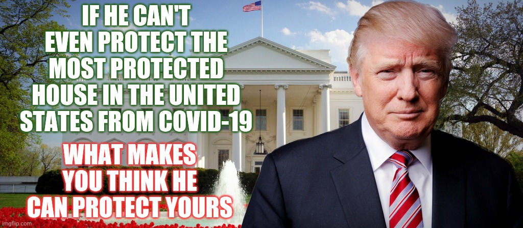 If He Weren't President | IF HE CAN'T EVEN PROTECT THE MOST PROTECTED HOUSE IN THE UNITED STATES FROM COVID-19; WHAT MAKES YOU THINK HE CAN PROTECT YOURS | image tagged in trump's in the white house,memes,trump unfit unqualified dangerous,liar in chief,lock him up,trump lies | made w/ Imgflip meme maker