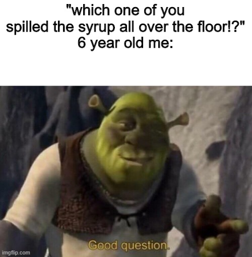 whoops... | "which one of you spilled the syrup all over the floor!?"
6 year old me: | image tagged in shrek good question | made w/ Imgflip meme maker