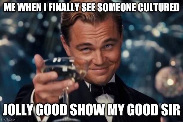 Leonardo Dicaprio Cheers Meme | ME WHEN I FINALLY SEE SOMEONE CULTURED JOLLY GOOD SHOW MY GOOD SIR | image tagged in memes,leonardo dicaprio cheers | made w/ Imgflip meme maker