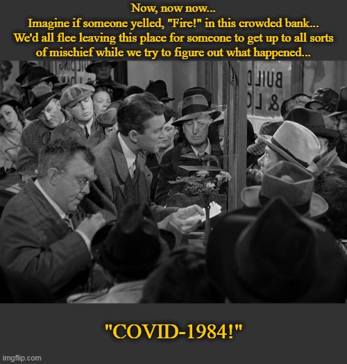 Now, now now... | Now, now now...
Imagine if someone yelled, "Fire!" in this crowded bank...
We'd all flee leaving this place for someone to get up to all sorts
of mischief while we try to figure out what happened... "COVID-1984!" | image tagged in it's a wonderful life in a bank,covid-19,scamdemic,plandemic,government corruption,lockdown | made w/ Imgflip meme maker