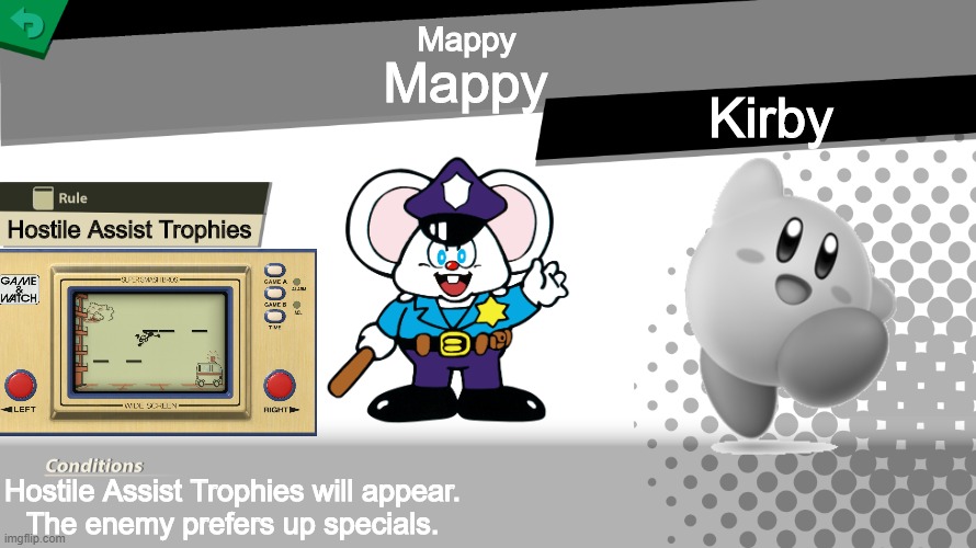 Why wasn't this a spirit to begin with? | Mappy; Mappy; Kirby; Hostile Assist Trophies; Hostile Assist Trophies will appear.
The enemy prefers up specials. | image tagged in smash bros spirit fight,mappy,kirby,memes,funny | made w/ Imgflip meme maker