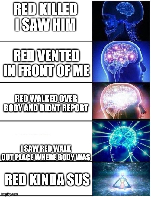 Expanding Brain 5 Panel | RED KILLED I SAW HIM; RED VENTED IN FRONT OF ME; RED WALKED OVER BODY AND DIDNT REPORT; I SAW RED WALK OUT PLACE WHERE BODY WAS; RED KINDA SUS | image tagged in expanding brain 5 panel | made w/ Imgflip meme maker