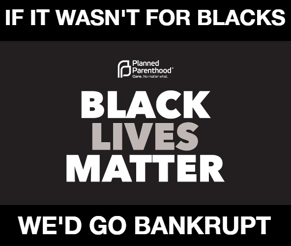 Planned Parenthood is Premeditated Murder | IF IT WASN'T FOR BLACKS; WE'D GO BANKRUPT | image tagged in black lives matter,murder mills,abortion is murder,baby killers,genocide,planned parenthood is premeditated murder | made w/ Imgflip meme maker