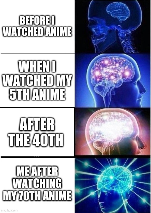 Expanding Brain | BEFORE I WATCHED ANIME; WHEN I WATCHED MY 5TH ANIME; AFTER THE 40TH; ME AFTER WATCHING MY 70TH ANIME | image tagged in memes,expanding brain | made w/ Imgflip meme maker