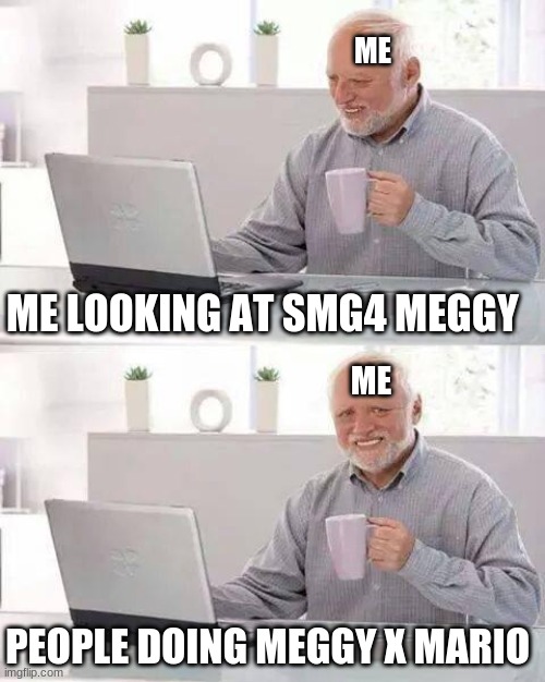 stop it now | ME; ME LOOKING AT SMG4 MEGGY; ME; PEOPLE DOING MEGGY X MARIO | image tagged in memes,hide the pain harold | made w/ Imgflip meme maker