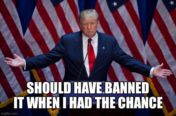Donald Trump | SHOULD HAVE BANNED IT WHEN I HAD THE CHANCE | image tagged in donald trump | made w/ Imgflip meme maker