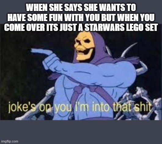 Jokes on you im into that shit | WHEN SHE SAYS SHE WANTS TO HAVE SOME FUN WITH YOU BUT WHEN YOU COME OVER ITS JUST A STARWARS LEGO SET | image tagged in jokes on you im into that shit | made w/ Imgflip meme maker