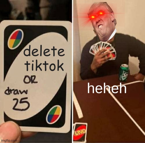 UNO Draw 25 Cards Meme | delete tiktok; heheh | image tagged in memes,uno draw 25 cards | made w/ Imgflip meme maker