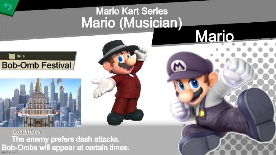 3rd Spirit for Mario Kart Tour Spirit Event | Mario Kart Series; Mario (Musician); Mario; Bob-Omb Festival; The enemy prefers dash attacks.
Bob-Ombs will appear at certain times. | image tagged in smash bros spirit fight,mario,mario kart tour,memes,funny | made w/ Imgflip meme maker