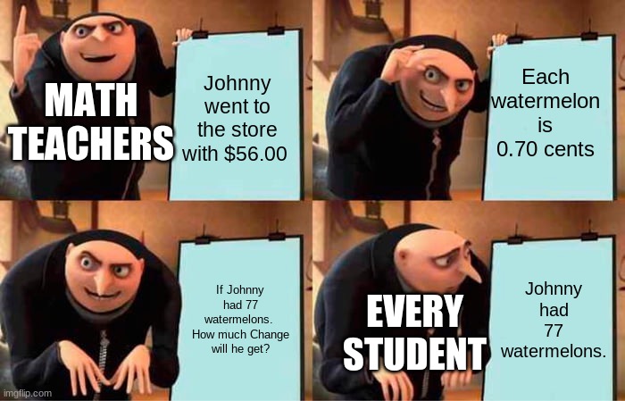 Gru's Plan | Each watermelon is 0.70 cents; Johnny went to the store with $56.00; MATH TEACHERS; If Johnny had 77 watermelons.  How much Change will he get? Johnny had 77 watermelons. EVERY STUDENT | image tagged in memes,gru's plan | made w/ Imgflip meme maker