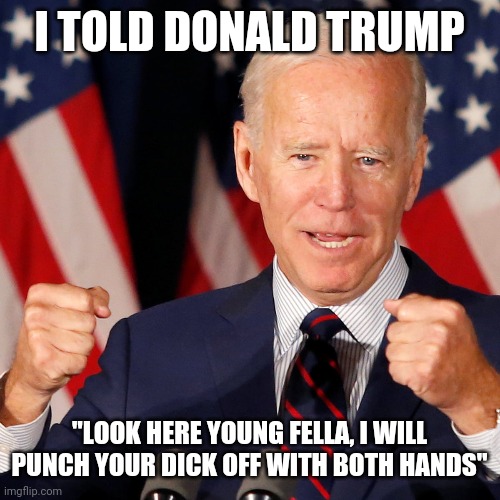 Joe Biden, Golden Gloves boxer | I TOLD DONALD TRUMP; "LOOK HERE YOUNG FELLA, I WILL PUNCH YOUR DICK OFF WITH BOTH HANDS" | image tagged in joe biden,boxing,ufc,beating,donald trump | made w/ Imgflip meme maker