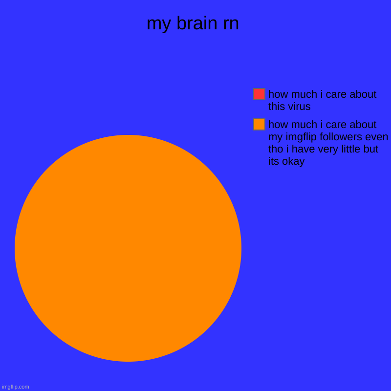 not a meme | my brain rn | how much i care about my imgflip followers even tho i have very little but its okay, how much i care about this virus | image tagged in charts,pie charts | made w/ Imgflip chart maker