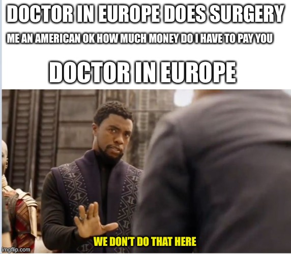 We don't do that here | DOCTOR IN EUROPE DOES SURGERY; ME AN AMERICAN OK HOW MUCH MONEY DO I HAVE TO PAY YOU; DOCTOR IN EUROPE; WE DON’T DO THAT HERE | image tagged in we don't do that here,black panther | made w/ Imgflip meme maker