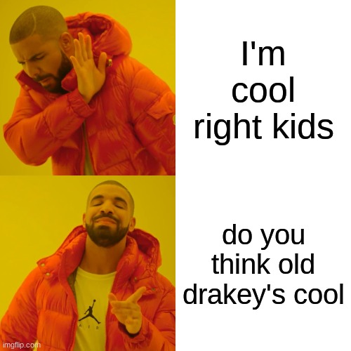 Drake Hotline Bling | I'm cool right kids; do you think old drakey's cool | image tagged in memes,drake hotline bling | made w/ Imgflip meme maker