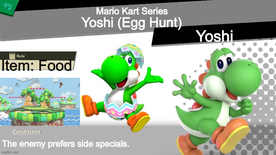 Final spirit for Mario Kart Tour event. | Mario Kart Series; Yoshi (Egg Hunt); Yoshi; Item: Food; The enemy prefers side specials. | image tagged in smash bros spirit fight,mario kart,yoshi,memes,funny | made w/ Imgflip meme maker