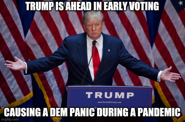 In response, Dems are planning to vote early and vote often. | TRUMP IS AHEAD IN EARLY VOTING; CAUSING A DEM PANIC DURING A PANDEMIC | image tagged in donald trump,winning,pandemic,memes,politics | made w/ Imgflip meme maker