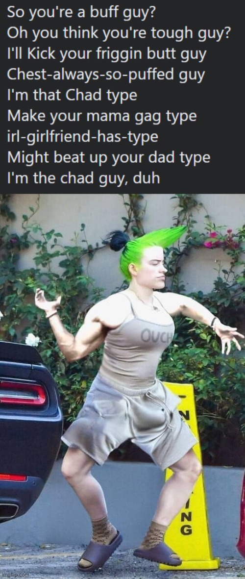 This is bullshit like me | image tagged in chad,ouch,douchebag,tough guy,billie eilish,repost | made w/ Imgflip meme maker
