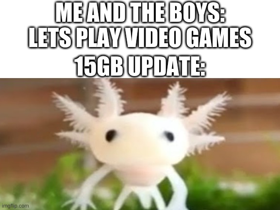 the axolotl knows no small update | ME AND THE BOYS: LETS PLAY VIDEO GAMES; 15GB UPDATE: | image tagged in new_format | made w/ Imgflip meme maker