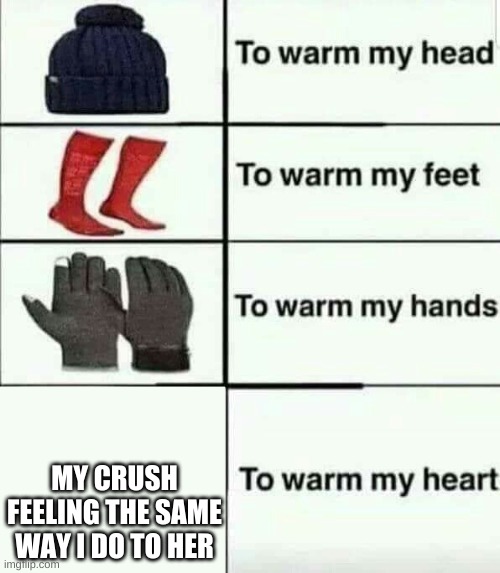 To warm my heart | MY CRUSH FEELING THE SAME WAY I DO TO HER | image tagged in to warm my heart | made w/ Imgflip meme maker