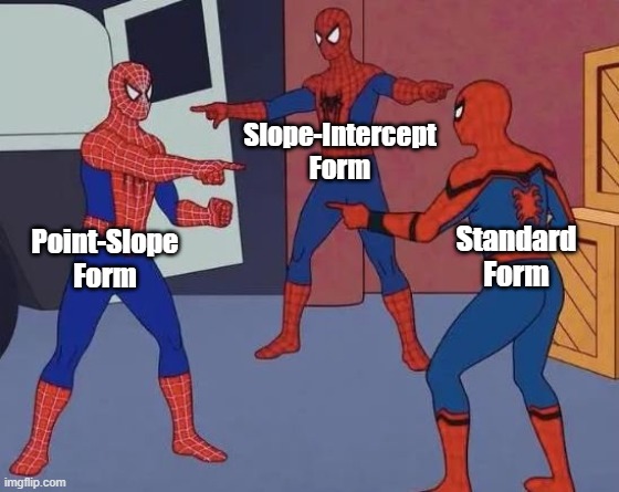3 Spiderman Pointing | Slope-Intercept
Form; Standard
Form; Point-Slope
Form | image tagged in 3 spiderman pointing | made w/ Imgflip meme maker