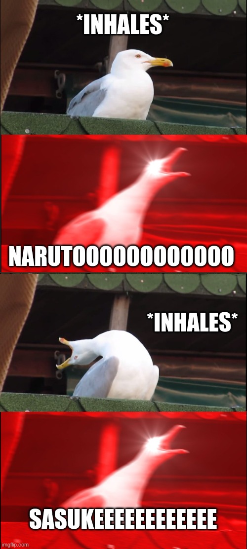 Inhaling Seagull Meme | *INHALES*; NARUTOOOOOOOOOOOO; *INHALES*; SASUKEEEEEEEEEEEE | image tagged in memes,inhaling seagull | made w/ Imgflip meme maker