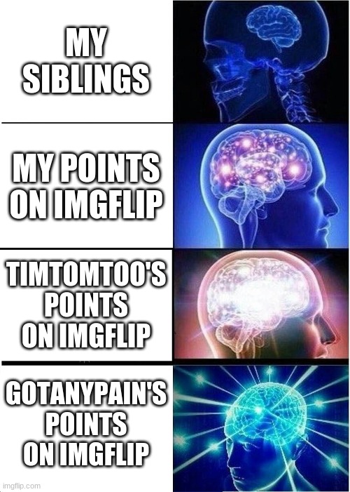 Expanding Brain | MY SIBLINGS; MY POINTS ON IMGFLIP; TIMTOMTOO'S POINTS ON IMGFLIP; GOTANYPAIN'S POINTS ON IMGFLIP | image tagged in memes,expanding brain | made w/ Imgflip meme maker