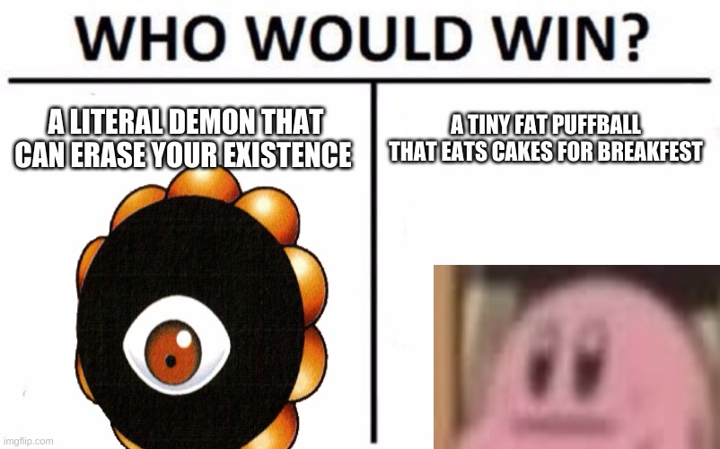 Who Would Win? Meme | A LITERAL DEMON THAT CAN ERASE YOUR EXISTENCE; A TINY FAT PUFFBALL THAT EATS CAKES FOR BREAKFEST | image tagged in memes,who would win | made w/ Imgflip meme maker