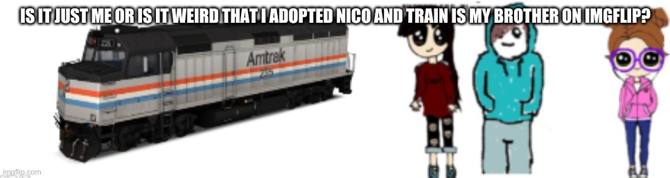 is it? | IS IT JUST ME OR IS IT WEIRD THAT I ADOPTED NICO AND TRAIN IS MY BROTHER ON IMGFLIP? | image tagged in del nico trainwatcher lucas | made w/ Imgflip meme maker