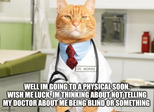Cat Doctor | WELL IM GOING TO A PHYSICAL SOON. WISH ME LUCK. IM THINKING ABOUT NOT TELLING MY DOCTOR ABOUT ME BEING BLIND OR SOMETHING | image tagged in cat doctor | made w/ Imgflip meme maker