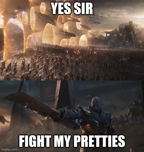 avengers endgame final battle against thanos | YES SIR; FIGHT MY PRETTIES | image tagged in avengers endgame final battle against thanos | made w/ Imgflip meme maker