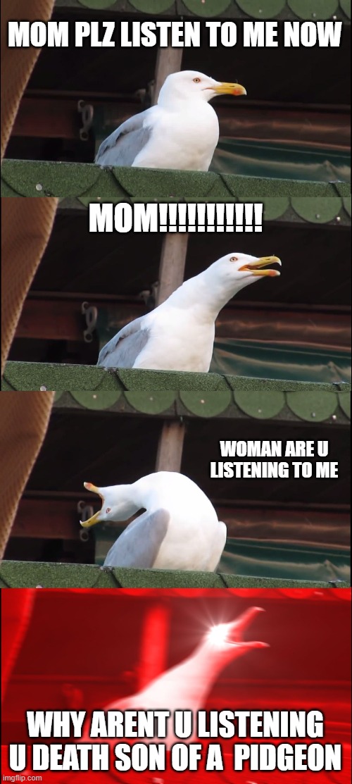 HOW MOMS BULLY ME | MOM PLZ LISTEN TO ME NOW; MOM!!!!!!!!!!! WOMAN ARE U LISTENING TO ME; WHY ARENT U LISTENING U DEATH SON OF A  PIDGEON | image tagged in memes,inhaling seagull | made w/ Imgflip meme maker