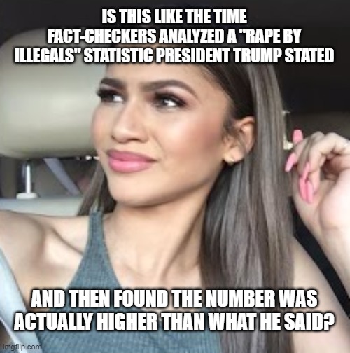 IS THIS LIKE THE TIME FACT-CHECKERS ANALYZED A "RAPE BY ILLEGALS" STATISTIC PRESIDENT TRUMP STATED AND THEN FOUND THE NUMBER WAS ACTUALLY HI | made w/ Imgflip meme maker