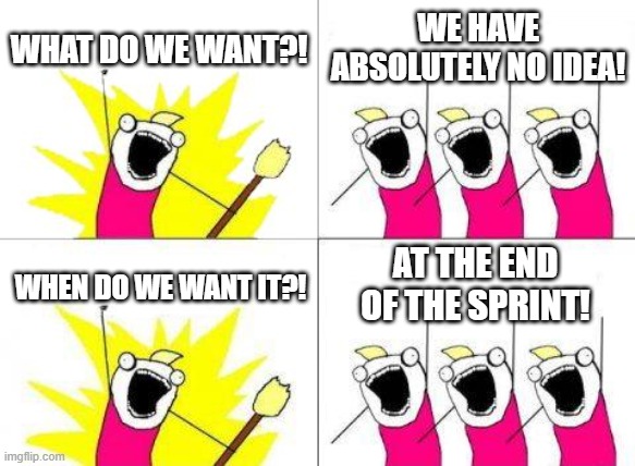 What Do We Want Meme | WHAT DO WE WANT?! WE HAVE ABSOLUTELY NO IDEA! AT THE END OF THE SPRINT! WHEN DO WE WANT IT?! | image tagged in memes,what do we want,ProgrammerHumor | made w/ Imgflip meme maker