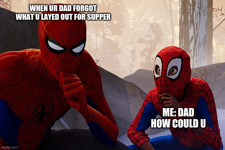 Learning from spiderman | WHEN UR DAD FORGOT WHAT U LAYED OUT FOR SUPPER; ME: DAD HOW COULD U | image tagged in learning from spiderman | made w/ Imgflip meme maker
