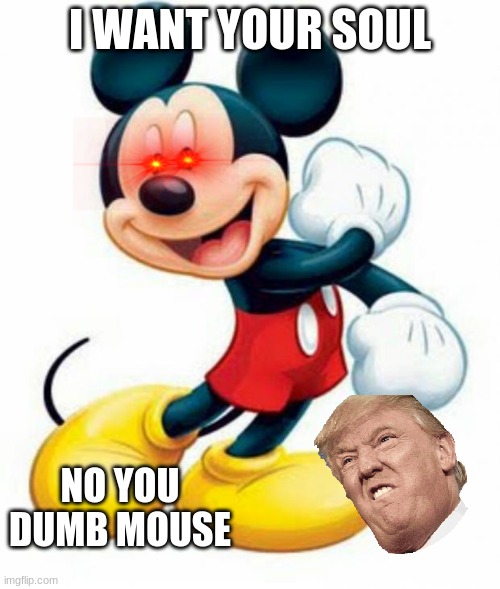 mickey mouse  | I WANT YOUR SOUL; NO YOU DUMB MOUSE | image tagged in mickey mouse | made w/ Imgflip meme maker