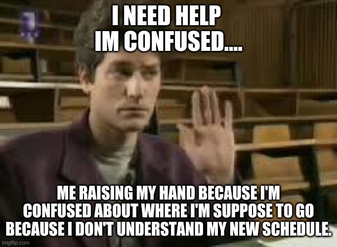 Student |  I NEED HELP 
IM CONFUSED.... ME RAISING MY HAND BECAUSE I'M CONFUSED ABOUT WHERE I'M SUPPOSE TO GO BECAUSE I DON'T UNDERSTAND MY NEW SCHEDULE. | image tagged in student | made w/ Imgflip meme maker