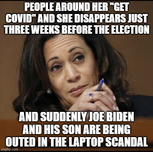 And you're going to tell me she and the deep state leftists in control have nothing to do with it? Sure... | PEOPLE AROUND HER "GET COVID" AND SHE DISAPPEARS JUST THREE WEEKS BEFORE THE ELECTION; AND SUDDENLY JOE BIDEN AND HIS SON ARE BEING OUTED IN THE LAPTOP SCANDAL | image tagged in kamala harris | made w/ Imgflip meme maker
